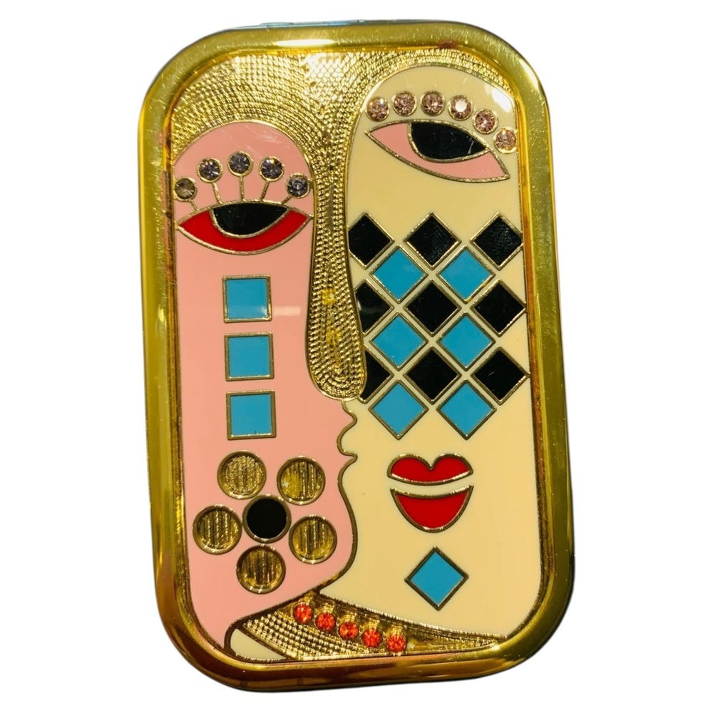 Mirror Compact Metal Enamel Cubist Art Gold, Pink, Blue Inlaid Gems - Picture 9 of 9